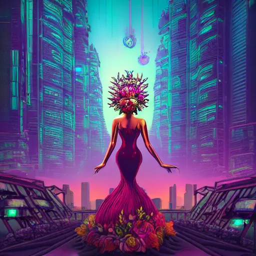 Prompt: Beautiful 3d render of the flower queen in a sensual pose, in the style of Dan Mumford, with a crowded futuristic cyberpunk city in the background, astrophotgraphy