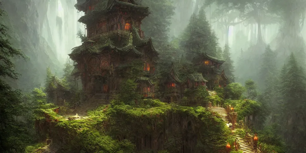 Prompt: a mystic temple on a mountain surrounded by a forest, joyful matte painting by marc simonetti and christophe vacher, trending on artstation