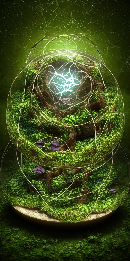 Prompt: graphic of enchanted terrarium, vines wrap around the terrarium, unreal engine 5, blender, depth of field, ultra realistic, cinematic, macro, artstation, megascan, intricate, epic, Quixel, weta digital, focus, octane render, v-ray, digital art, highly detailed illustration, golden ratio, prism undertones, rule of thirds