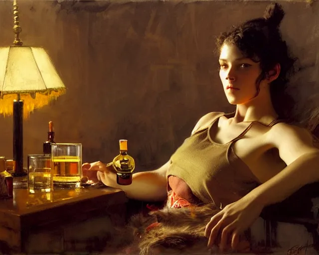 Image similar to an exhausted rhino girl in her studio with a bottle of whisky. highly detailed painting by gaston bussiere, craig mullins, j. c. leyendecker 8 k