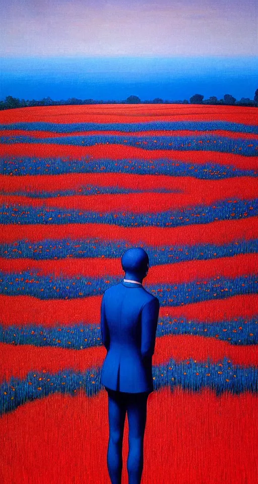 Prompt: only with blue, a field of blue flowers, a single red male in suit standing between a flower field, in the style of beksinski, parts by edward hopper, parts by rodcenko, parts by yue minjun, intricate and epic composition, red by caravaggio, insanely quality, highly detailed, masterpiece, red light, artstation