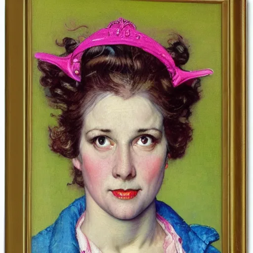 Image similar to frontal portrait of a blue and pink queen, by norman rockwell