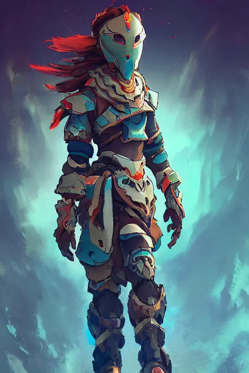 Image similar to combination suit armor aloy horizon forbidden west horizon zero dawn radiating a glowing aura global illumination ray tracing hdr fanart arstation by ian pesty and alena aenami artworks in 4 k tribal robot ninja mask helmet backpack