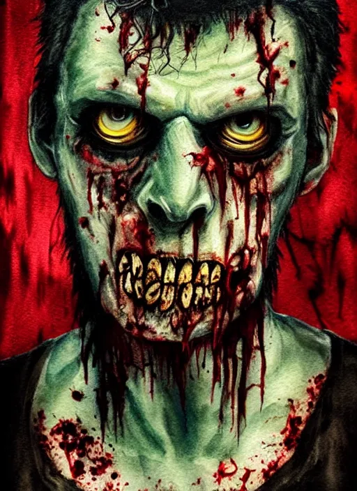 Image similar to zombie hollywood professional acting headshot, david dennis, intricate detailed, studio lighting, charming expression gesicht, hauntingly beautiful zombie, watercolor art, drawn and painted, colored layers, dulled contrast, exquisite fine art, splatterpaint