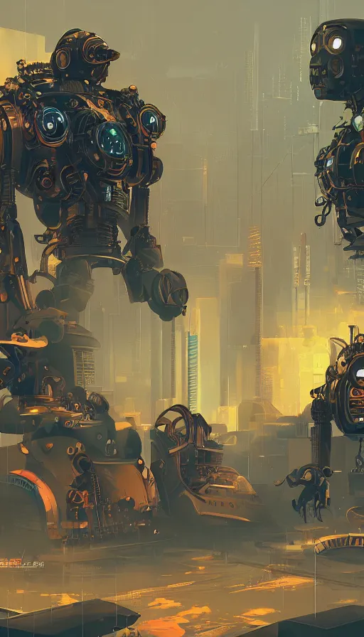 Image similar to steampunk robot and a cyberpunk robot, ready to fight, sharp focus, james gilleard, cinematic, game art, extremely detailed digital painting