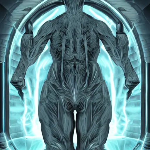 Image similar to An ultra detailed digital illustration of a figure standing infront of a portal. Inside the portal two enormous hands emerge, art by robbie trevino, trending on artstation,