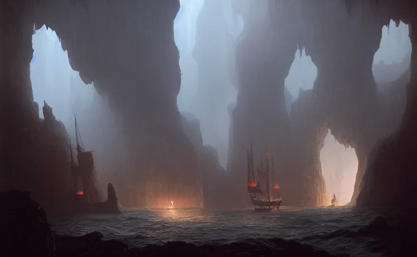 Image similar to A galleon ship, three masts, in a cave. Underexposed, dark. Atmospheric matte painting by Darek Zabrocki and Christophe Vacher