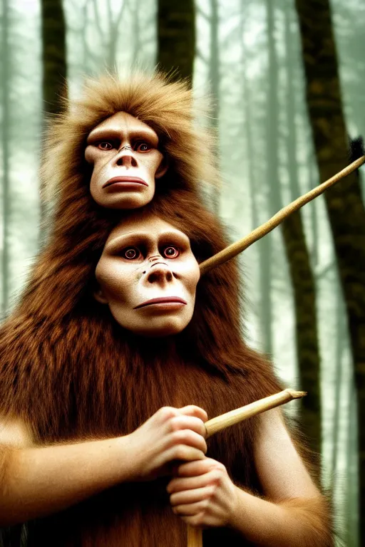 Prompt: a professional portrait photo of a neanderthal woman in the forest in winter holding a spear, dirt on face, black stripe painted side to side across her eyes, ginger hair and fur, extremely high fidelity, natural lighting, still from the movie clan of the cave bear