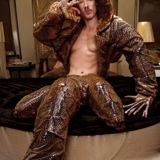 Prompt: portrait, a man wearing a giant scaly shiny wet rubber lizard costume with a huge extravagent fur coat and a giant shiny expensive fur coat, beautiful women laying all around him on a luxurious expensive bed, ultra - detailed, photorealistic, 4 k
