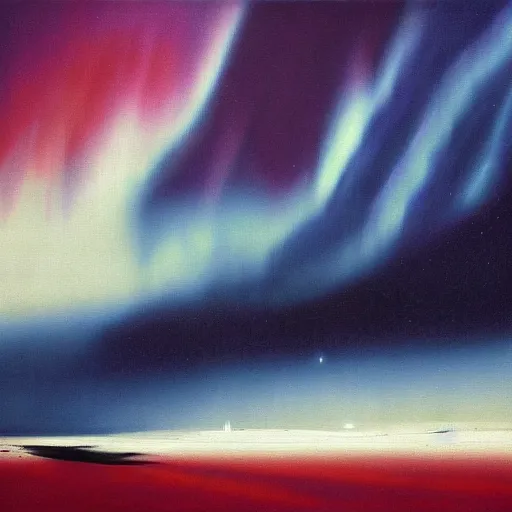 Prompt: the epic abstract painting'blue arctic void with black and red aurora borealis above rogers - post site ', by caspar david friedrich!!!, by rothko!!!, stunning masterpiece, trending on artstation