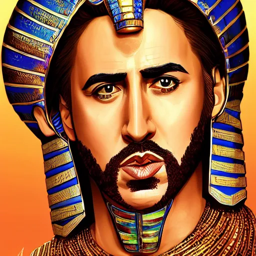 Image similar to a portrait of a beautiful Egyptian Nicolas Cage wearing ancient Egyptian fashion, desert background, rich vivid colors, ambient lighting, dynamic lighting, 4k, official media, anime key visual, makoto shinkai, ilya kuvshinov, lois van baarle, rossdraws, detailed, trending on artstation