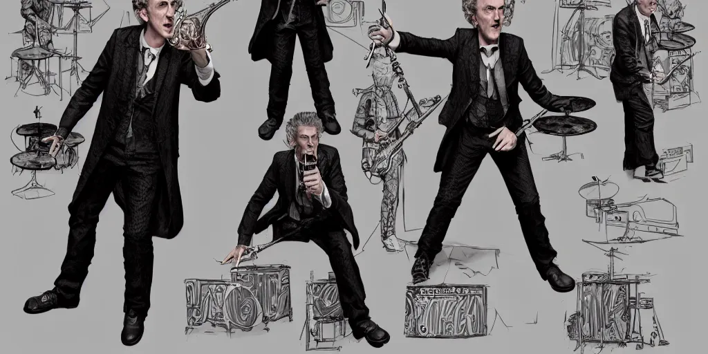 Image similar to cartoonish peter capaldi jamming with his band, character sheet, fine details, concept design, contrast, kim jung gi, greg rutkowski, trending on artstation, 8 k, full body, turnaround, front view, back view, ultra wide angle