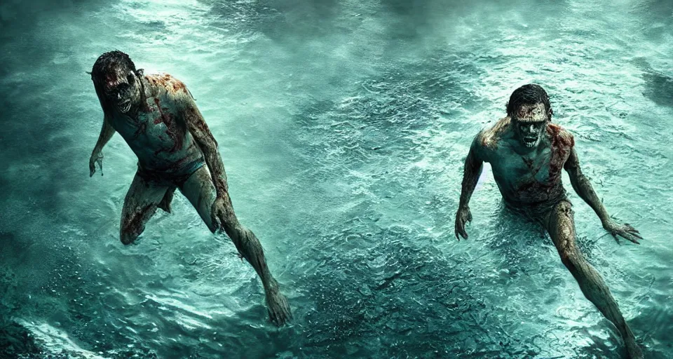Image similar to highly detailed full body portrait of a zombie swimming underwater in a zombie - apocalypse, in a swimming pool, by greg rutkowski, octane render