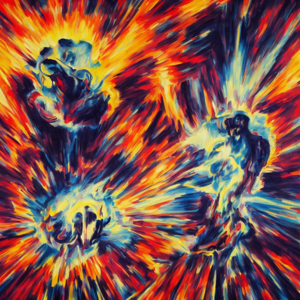 Prompt: A Futurism painting of a man's head exploding in a mushroom cloud, his eyes shooting out a divine light