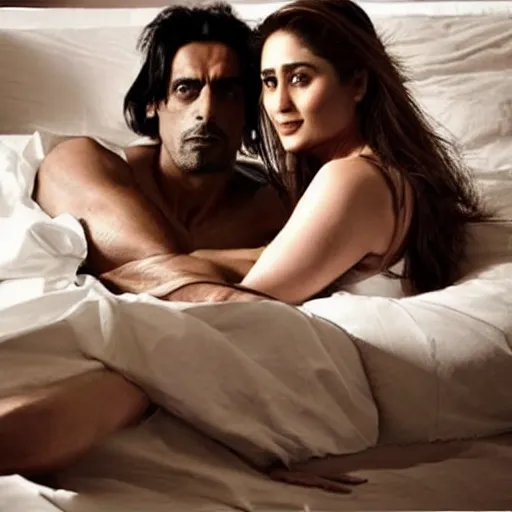 Image similar to kareena kapoor with arjun rampal in the bed, au naturel, hyper detailed, photographic, cinematic lighting, studio quality.