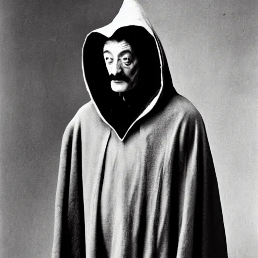 Image similar to salvador dali wearing a dark hooded cloak