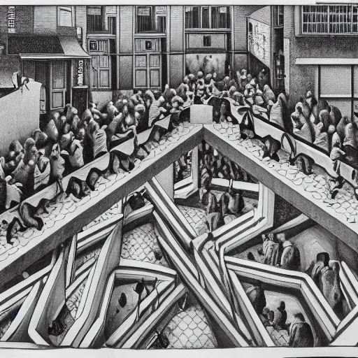 Prompt: people lining up, M.C. Escher painting, 4k drawing