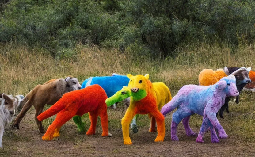 Prompt: photo of a herd of colorful fursuiters stalking its prey, award winning photo, national geographic photo