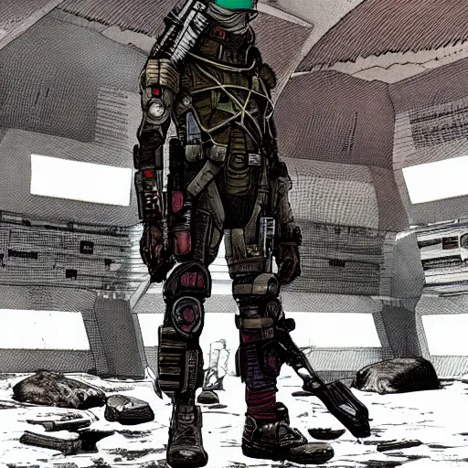 Image similar to a cyberpunk soldier with tactical gear and a rifle patrols a japanese city on mars, Industrial Scifi, detailed illustration, character portrait, by Martin Grip and Moebius