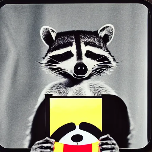 Prompt: medium - shot, low - angle, photo of a anthropomorphic raccoon wearing a bright hoodie, holding a vinyl record, 8 0 - s fashion, colored, polaroid photo, by warhol,