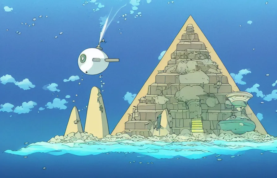 Image similar to a realistic studio ghibli cell shaded cartoon showing a submarine in front of a white pyramid with a gold capstone underwater at the bottom of the sea. shafts of sunlight come from above. wide shot, very dull muted colors, hd, 4 k, hq