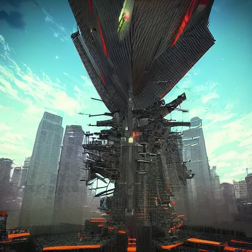 Image similar to “arasaka tower grounds being patrolled by mechs. Dystopian Anime background art in the style of Akira. HD hyperrealistic 8K photomode.”