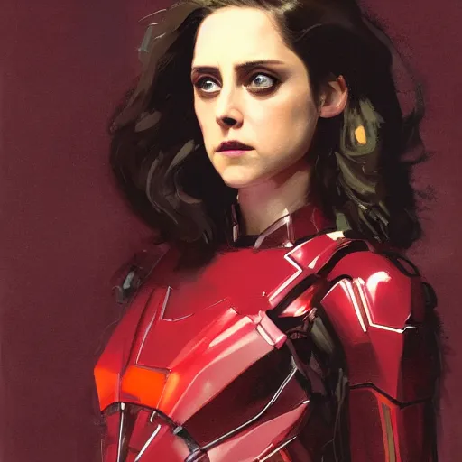 Image similar to alison brie as kristen stewart playing the scarlet witch wearing the iron man armor, intricate, elegant, highly detailed, greg manchess, mucha, liepke, ruan jia, jeffrey catherine jones, ridley scott