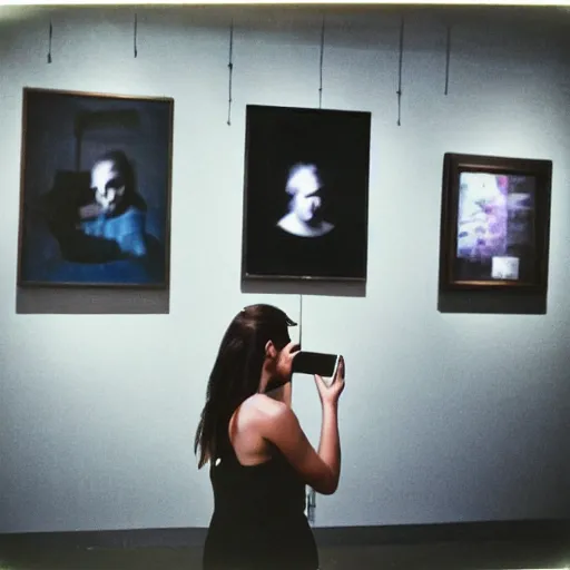 Image similar to wide - shot low - angle photo of woman taking selfie in the museum, painting by pollock on background, polaroid photo