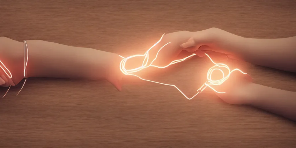 Image similar to a beautiful illustration of two hands touching, bound by a glowing hot wire wrapped around the wrists, background a wooden table surface, bird's view, octane render, 8 k, artstation