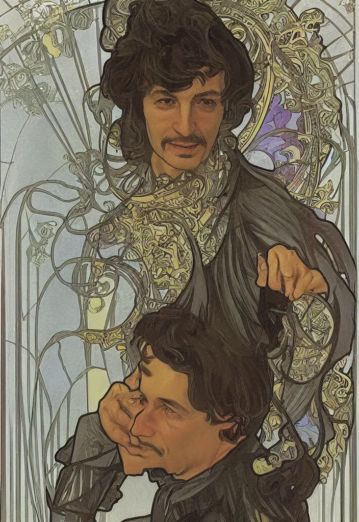 Image similar to realistic gray - haired geoffrey hinton on a tarot card, tarot in art style by alphonse mucha