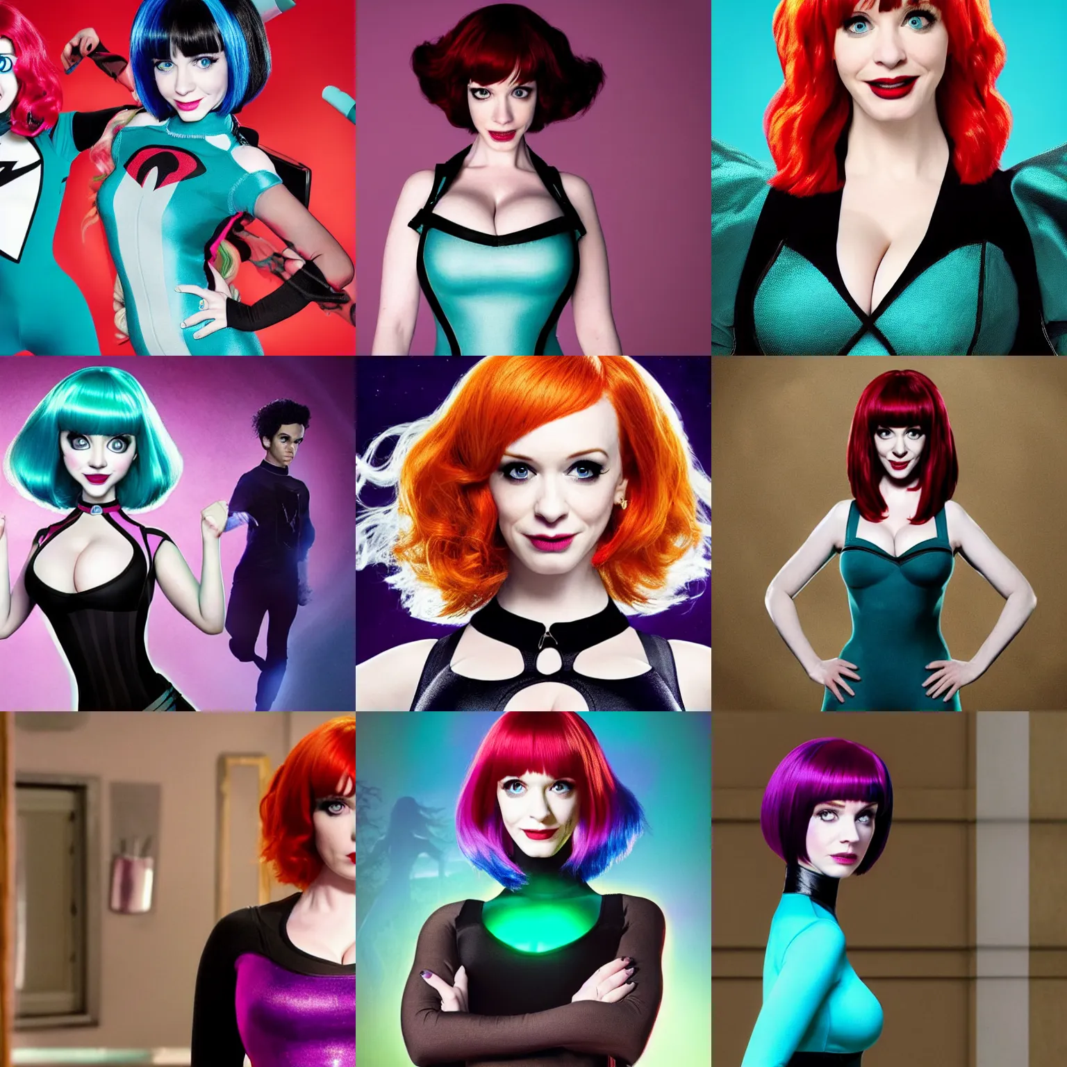 Prompt: christina hendricks as maddie fenton in the live - action netflix adaptation of danny phantom, promotional image ; she has auburn hair and a bob cut with straight bangs ; she is wearing a tight teal bodysuit with a black neck