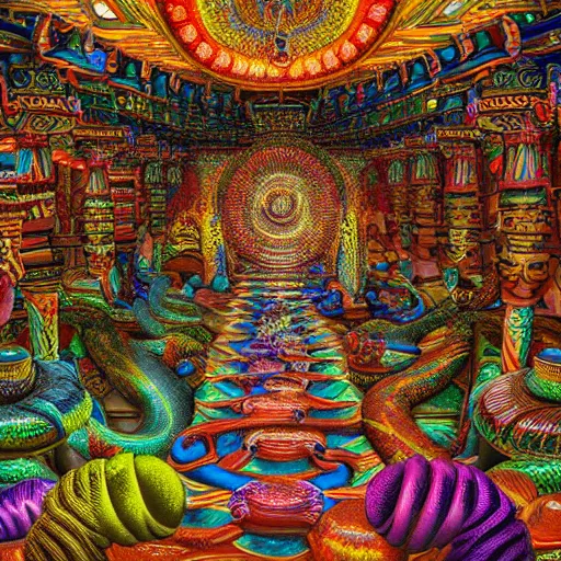 Image similar to Photorealistic inside a temple made of snakes. Hyperdetailed photorealism, 108 megapixels, amazing depth, glowing rich colors, powerful imagery, psychedelic Overtones