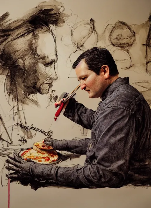 Image similar to portrait, Ted Cruz making a pizza, watercolor, dramatic lighting, cinematic, establishing shot, extremely high detail, foto realistic, cinematic lighting, pen and ink, intricate line drawings, by Yoshitaka Amano, Ruan Jia, Kentaro Miura, Artgerm, post processed, concept art, artstation, matte painting, style by eddie mendoza, raphael lacoste, alex ross