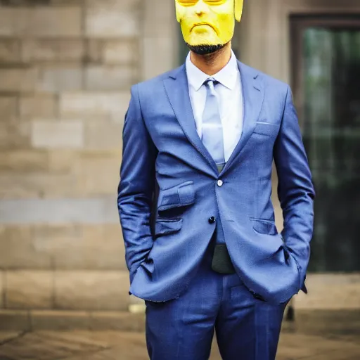 Image similar to a man wearing a suit lemon head