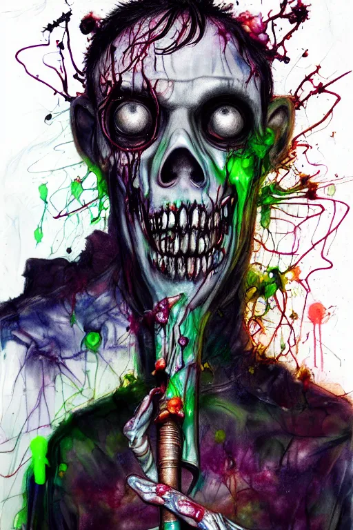 Image similar to zombie policeman with and goop and slime covering his skull posing with his baton by agnes cecile, brian froud, intricated details, 3 / 4 view, full body portrait, extremely luminous bright design, horror, pastel colours, toxic drips, autumn lights