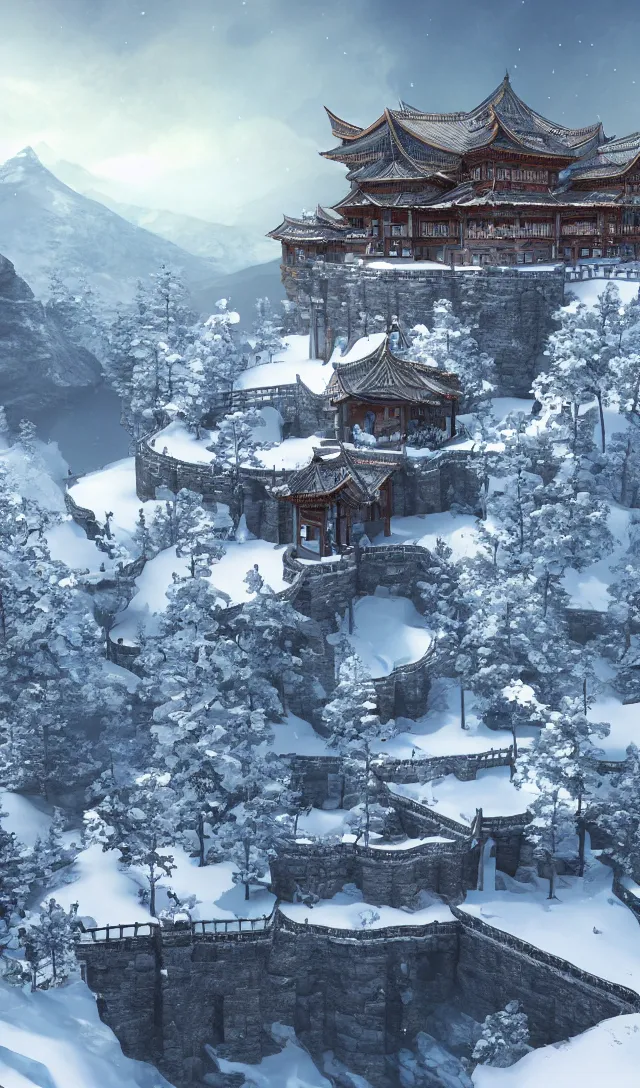 Prompt: a scene concept design depicting a palace at the top of a snowy mountain in changbai, with a magnificent atmosphere ， super wide angle ， matte painting ， rtx on ， trending on cgsociety and artstation, unreal engine ， volumetric light ， poster style ，