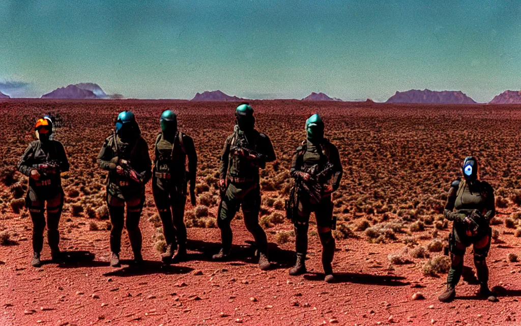 Image similar to a team of five people in dark green tactical gear like death stranding and masks, red mesas behind them, look at a desert oasis in the distance. They 're afraid. dusty, red, mid day, heat shimmering, 35mm film