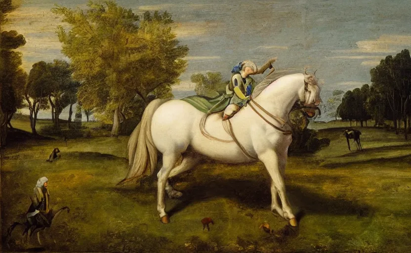 Image similar to a renaissance oil painting of a horse riding on a horse in a green meadow