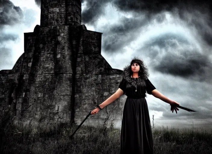 Prompt: stunning occult priestess casting spell, stormy sky