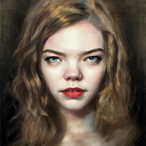 Image similar to portrait of actress anya taylor - joy, colourised, face portrait, epic, tragic, pastoral art, fantasy, dieselpunk, hd shot, digital portrait, beautiful, artstation, comic style, by artgerm, guy denning, jakub rozalski, magali villeneuve and charlie bowater