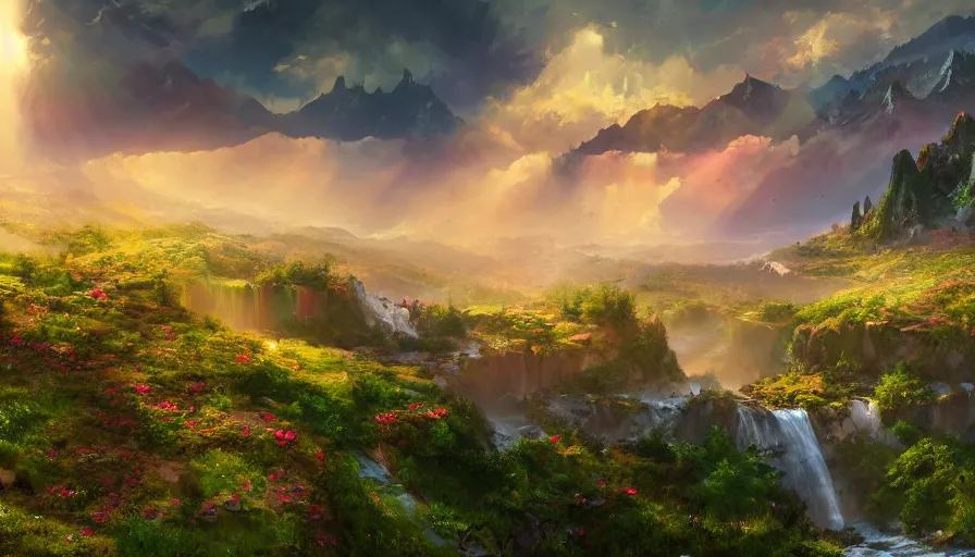 Prompt: Wide view of colorful flowered mountains with waterfalls, lake, plains, villages, sunlight, clouds, volumetric light, hyperdetailed, artstation, cgsociety, 8k