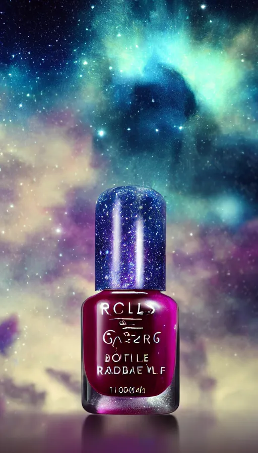 Image similar to a beautiful bottle of nail polish filled with a galaxy, insane, intricate, highly detailed, Zeiss Lens, smooth, sharp focus, Unreal Engine 5, Octane Render, Redshift, 8K