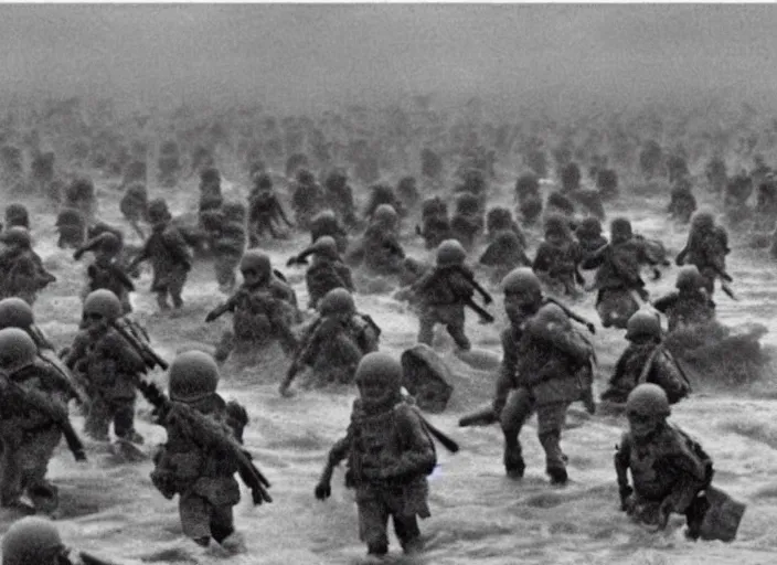 Image similar to minions storming the beaches of Normandy on d-day, world war 2 old photo, grainy