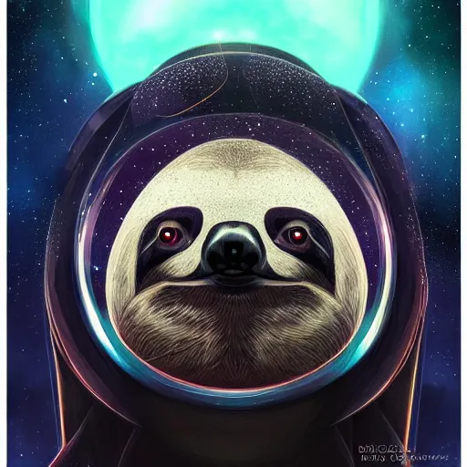 Image similar to geometric symmetrical sloth with galaxy eyes in space, nebula in the background, intricate, elegant, highly detailed, digital painting, artstation, concept art, smooth, sharp focus, illustration, art by artgerm