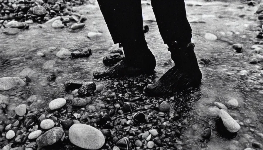 Prompt: 1 9 6 0 s movie still close up of marcus aurelius frozen to death, feets in a river with gravel and pebbles, pine forests, cinestill 8 0 0 t 3 5 mm b & w, high quality, heavy grain, high detail, texture, dramatic light, anamorphic, hyperrealistic, foggy