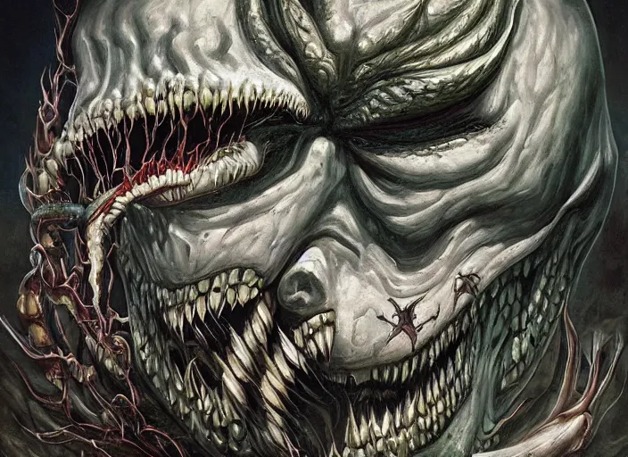 Image similar to fractal portrait of joker as venom of of the last survivors on earth witness the end of the world, by giger and vladimir kush