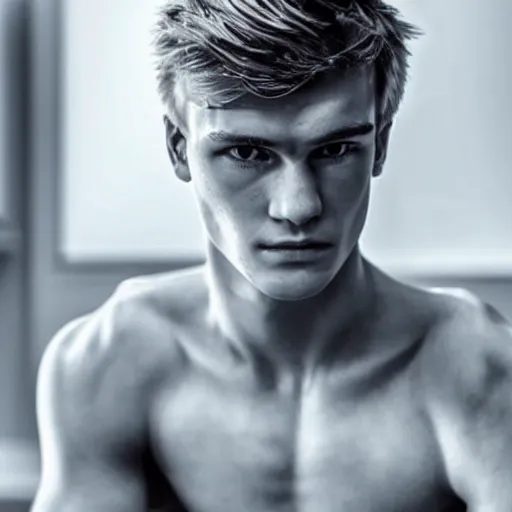 Image similar to a realistic detailed photo of a guy who is an attractive humanoid who is half robot and half humanoid, who is a male android, soccer player martin ødegaard, shiny skin, posing like a statue, blank stare, in a living room, on display, showing off his muscles