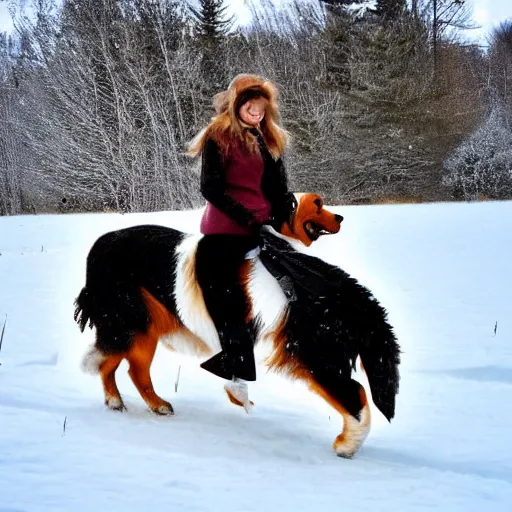 Prompt: girl riding giant Bernese Mountain Dog in the snow, trending on artstation