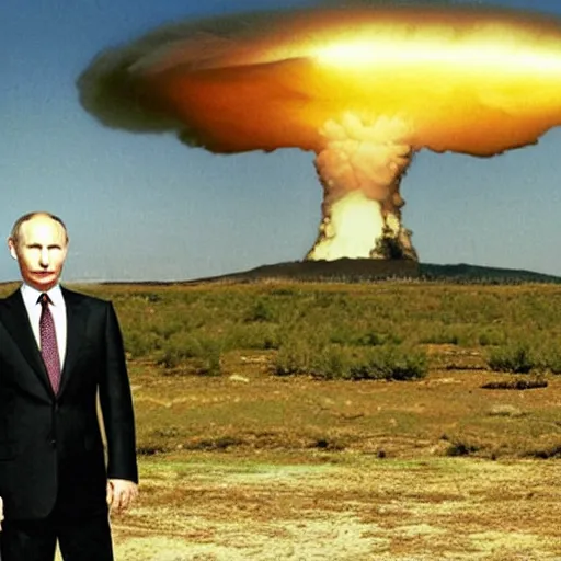 Image similar to putin standing next to nuclear explosion