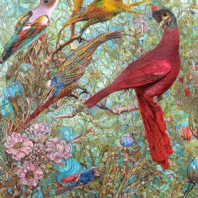 Prompt: birds and flowers, from glass, by ernst haeckel, james jean, el anatsui, mandy jurgens